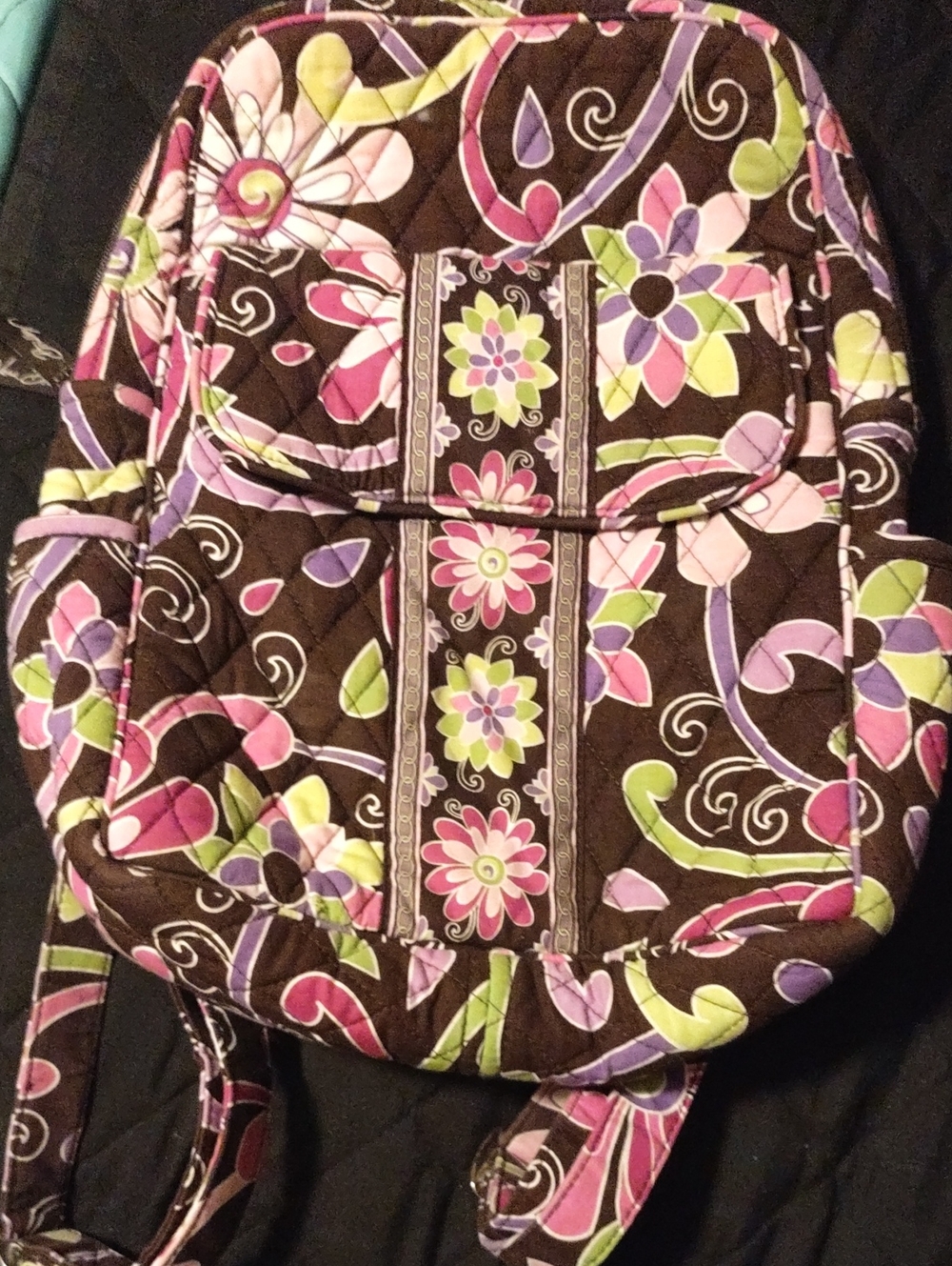Vera Bradley Brown Quilted Backpack with Pink, Green & Purple Floral Print